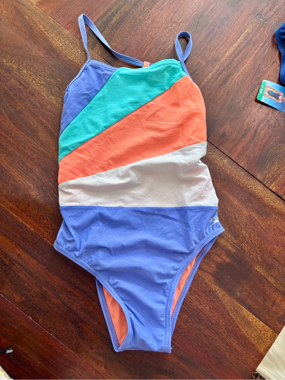 Speedo Girls Diagonal Colorblock One-Piece — Light Blue, Coral, Mint & White